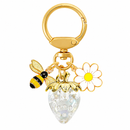 Crystal White Strawberry Bee Daisy Keychain - Gold Metal Ring with Rhinestone Fruit Charm, Cute Bag Accessory for Women and Girls