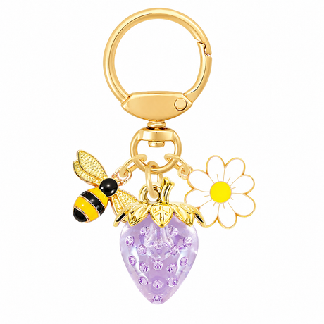 Crystal Purple Strawberry Bee Daisy Keychain - Gold Metal Ring with Rhinestone Fruit Charm, Cute Bag Accessory for Women and Girls
