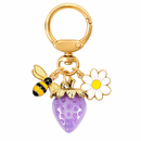 Solid Purple Strawberry Bee Daisy Keychain - Gold Metal Ring with Rhinestone Fruit Charm, Cute Bag Accessory for Women and Girls