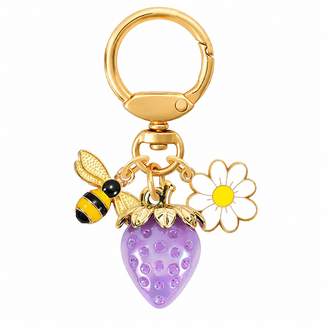 Solid Purple Strawberry Bee Daisy Keychain - Gold Metal Ring with Rhinestone Fruit Charm, Cute Bag Accessory for Women and Girls