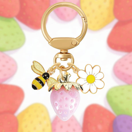 Solid Pink Strawberry Bee Daisy Keychain - Gold Metal Ring with Rhinestone Fruit Charm, Cute Bag Accessory for Women and Girls