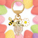 Crystal Gold Strawberry Bee Daisy Keychain - Gold Metal Ring with Rhinestone Fruit Charm, Cute Bag Accessory for Women and Girls