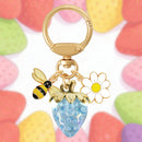 Crystal Blue Strawberry Bee Daisy Keychain - Gold Metal Ring with Rhinestone Fruit Charm, Cute Bag Accessory for Women and Girls