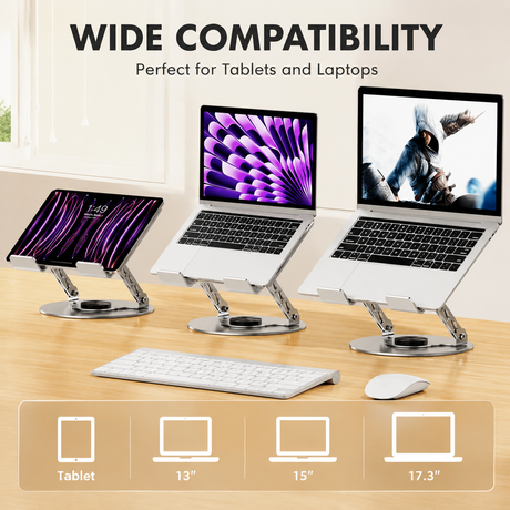 360 Degree Rotatable Laptop Stand Adjustable Aluminium Ergonomic Notebook Holder Small Size 20x20cm Height Angle Adjustable Desktop Cooling Riser for Office Home Study Workspace