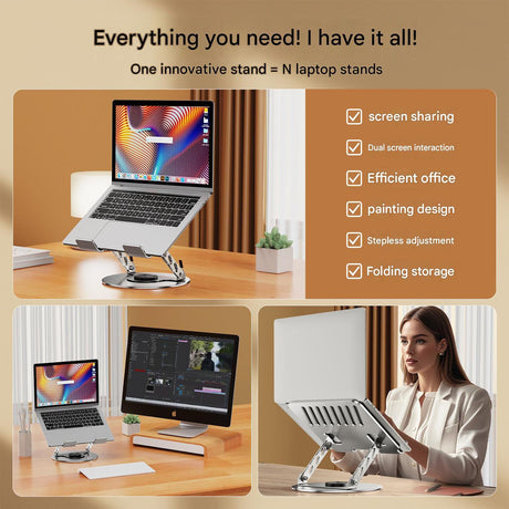 360 Degree Rotatable Laptop Stand Adjustable Aluminium Ergonomic Notebook Holder Small Size 23.5x23.5cm Height Angle Adjustable Desktop Cooling Riser for Office Home Study Workspace