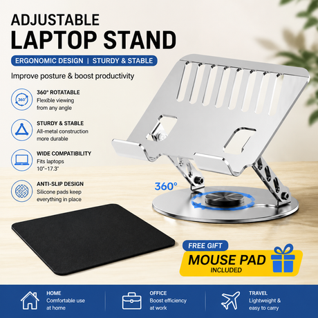 Adjustable aluminum alloy laptop stand (20*20CM), with mouse pad (21*25cm), adjustable height and angle, space-saving, heat dissipation support, suitable for office, home, study and work environments