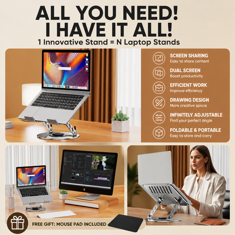 Adjustable aluminum alloy laptop stand (23.5*23.5CM), with mouse pad (21*25cm), adjustable height and angle, space-saving, heat dissipation support, suitable for office, home, study and work environments