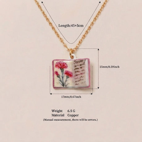 Vintage-style book necklace with January birthday flowers, a luxurious gold-plated bronze exquisite floral pendant gift