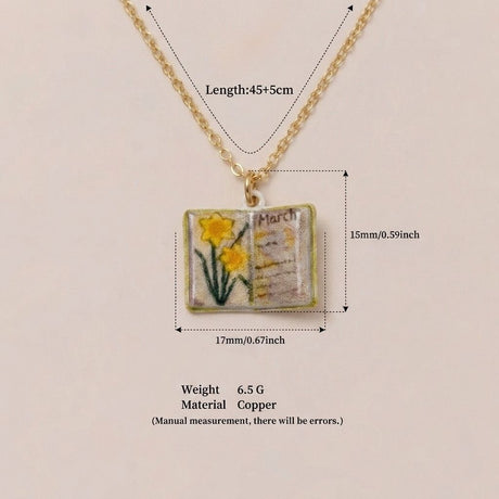 Vintage-style book necklace with March birthday flowers, a luxurious gold-plated bronze exquisite floral pendant gift
