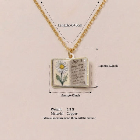 Vintage-style book necklace with April birthday flowers, a luxurious gold-plated bronze exquisite floral pendant gift