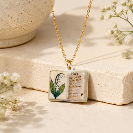 Vintage-style book necklace with May birthday flowers, a luxurious gold-plated bronze exquisite floral pendant gift