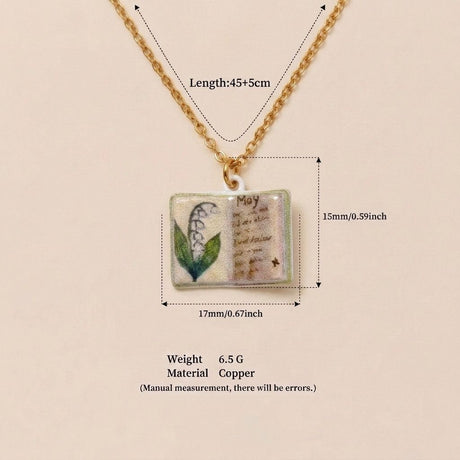 Vintage-style book necklace with May birthday flowers, a luxurious gold-plated bronze exquisite floral pendant gift