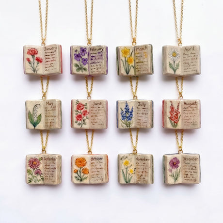 Vintage-style book necklace with May birthday flowers, a luxurious gold-plated bronze exquisite floral pendant gift