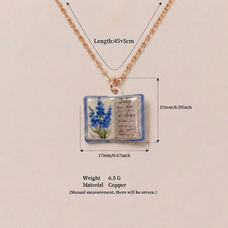 Vintage-style book necklace with July birthday flowers, a luxurious gold-plated bronze exquisite floral pendant gift