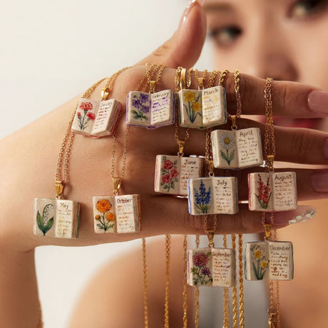 Vintage-style book necklace with August birthday flowers, a luxurious gold-plated bronze exquisite floral pendant gift
