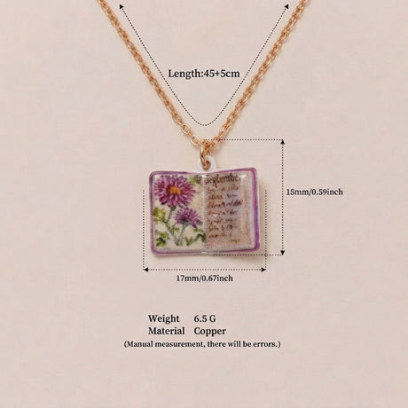 Vintage-style book necklace with September birthday flowers, a luxurious gold-plated bronze exquisite floral pendant gift