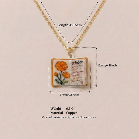 Vintage-style book necklace with October birthday flowers, a luxurious gold-plated bronze exquisite floral pendant gift