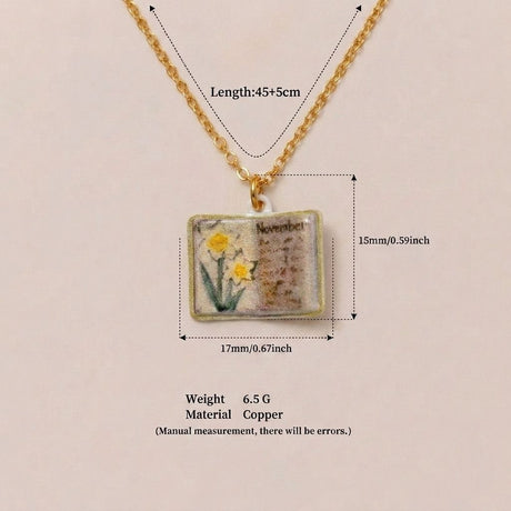 Vintage-style book necklace with November birthday flowers, a luxurious gold-plated bronze exquisite floral pendant gift