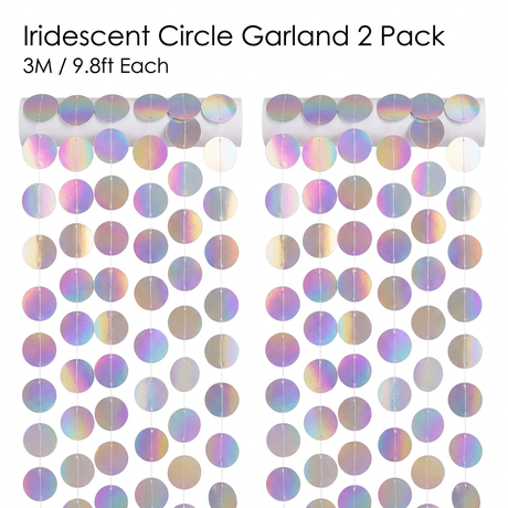 Iridescent Circle Garland 2 Pack 3m Each Holographic Hanging Party Decoration Circular Bunting Streamer Birthday Wedding Event Decor Lightweight Easy Setup