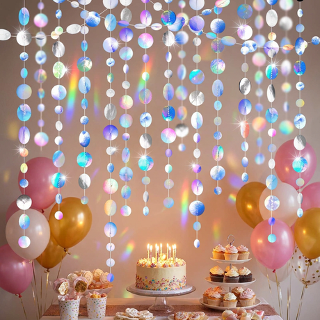 Iridescent Mixed Size Circle Sequin Garland 2 Pack 3m Each Holographic Round Disc Hanging Party Decoration Streamer Birthday Wedding Event Decor Lightweight Easy Setup