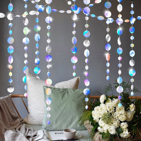 Iridescent Mixed Size Circle Sequin Garland 2 Pack 3m Each Holographic Round Disc Hanging Party Decoration Streamer Birthday Wedding Event Decor Lightweight Easy Setup