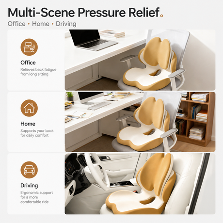 Gray Ergonomic Memory Foam Seat Cushion with Lumbar Support - Integrated Backrest Design, Breathable Hollow Core for Office and Car Use