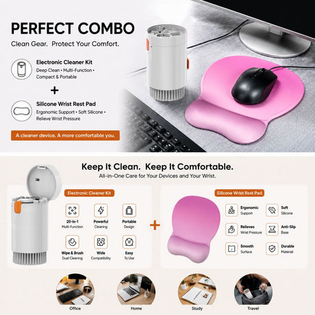 Gradient Pinkish White silicone wrist rest with 20-in-1 electronics cleaning kit - portable multi-functional brush set, ergonomic mouse pad, suitable for office and travel.