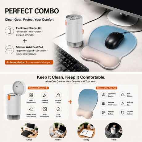 Gradient Light Blue silicone wrist rest with 20-in-1 electronics cleaning kit - portable multi-functional brush set, ergonomic mouse pad, suitable for office and travel.