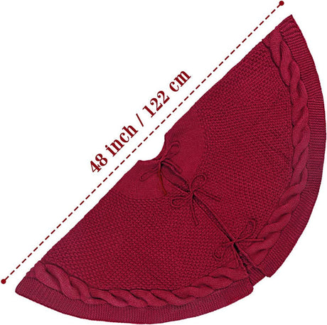 Knitted Christmas Tree Skirt 48 Inch Red Round Tree Base Cover with Cable Knit Border Soft Holiday Tree Skirt Rustic Christmas Decor for Home Fireplace Party Festive Gift Display