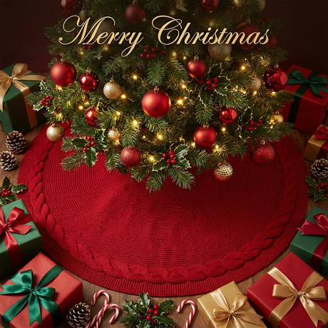 Knitted Christmas Tree Skirt 36 Inch Red Round Tree Base Cover with Cable Knit Border Soft Holiday Tree Skirt Rustic Christmas Decor for Home Fireplace Party Festive Gift Display
