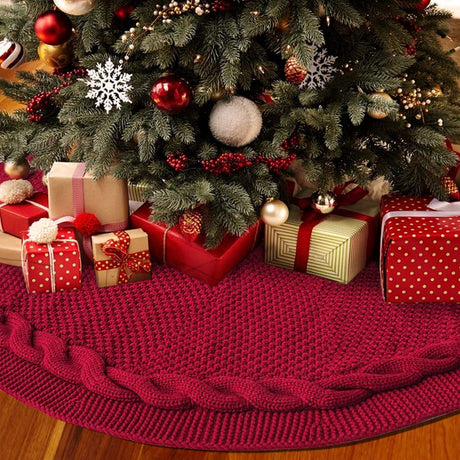 Knitted Christmas Tree Skirt 24 Inch Red Round Tree Base Cover with Cable Knit Border Soft Holiday Tree Skirt Rustic Christmas Decor for Home Fireplace Party Festive Gift Display