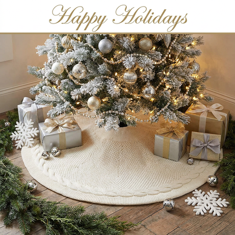 Knitted Christmas Tree Skirt 36 Inch White Round Tree Base Cover with Cable Knit Border Soft Holiday Tree Skirt Rustic Christmas Decor for Home Fireplace Party Festive Gift Display