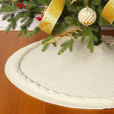 Knitted Christmas Tree Skirt 36 Inch White Round Tree Base Cover with Cable Knit Border Soft Holiday Tree Skirt Rustic Christmas Decor for Home Fireplace Party Festive Gift Display