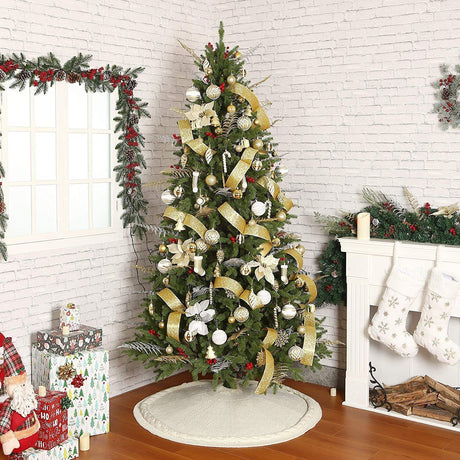 Knitted Christmas Tree Skirt 24 Inch White Round Tree Base Cover with Cable Knit Border Soft Holiday Tree Skirt Rustic Christmas Decor for Home Fireplace Party Festive Gift Display