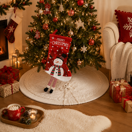 White Christmas tree skirt and snowman pattern stocking set - 122cm diameter tree skirt, holiday home decor set, reusable Christmas tree base cover and fireplace mantle stocking, suitable for living room and gift display