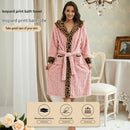 Women's Pink Coral Fleece Hooded Bathrobe with Leopard Print Trim (L)- Soft Plush Wrap Robe with Pockets and Tie Belt for Lounging