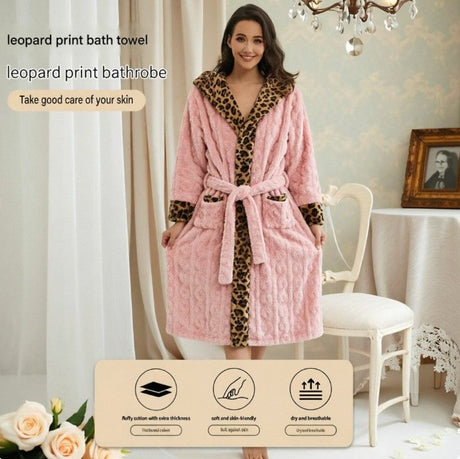 Women's Pink Coral Fleece Hooded Bathrobe with Leopard Print Trim (L)- Soft Plush Wrap Robe with Pockets and Tie Belt for Lounging