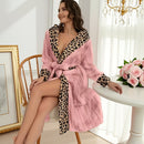 Women's Pink Coral Fleece Hooded Bathrobe with Leopard Print Trim (L)- Soft Plush Wrap Robe with Pockets and Tie Belt for Lounging