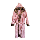 Women's Pink Coral Fleece Hooded Bathrobe with Leopard Print Trim (L)- Soft Plush Wrap Robe with Pockets and Tie Belt for Lounging