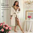 Women's White Coral Fleece Hooded Bathrobe with Leopard Print Trim (L)- Soft Plush Wrap Robe with Pockets and Tie Belt for Lounging