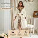 Women's White Coral Fleece Hooded Bathrobe with Leopard Print Trim (L)- Soft Plush Wrap Robe with Pockets and Tie Belt for Lounging