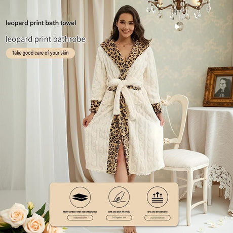 Women's White Coral Fleece Hooded Bathrobe with Leopard Print Trim (L)- Soft Plush Wrap Robe with Pockets and Tie Belt for Lounging