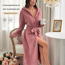 Women's Pink Coral Fleece Hooded Bathrobe (L)- Soft Plush Long Sleeve Wrap Robe with Tie Belt, Highly Absorbent Loungewear for Home Spa and Winter Sleepwear