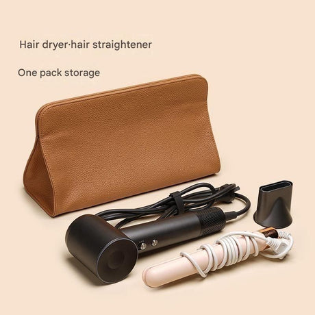 Brown Hair Dryer Storage Bag - Faux Leather Travel Organizer with Magnetic Closure, Waterproof Heat Resistant Pouch for Straighteners Curling Irons and Styling Tools