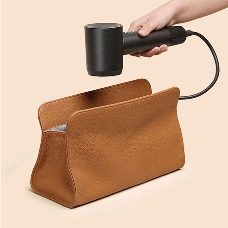 Brown Hair Dryer Storage Bag - Faux Leather Travel Organizer with Magnetic Closure, Waterproof Heat Resistant Pouch for Straighteners Curling Irons and Styling Tools