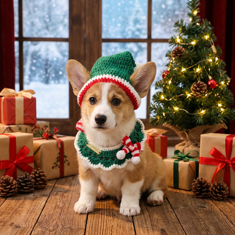Christmas Pet Collar（Green scarf and hat） Knitted Festive Dog Cat Collar Red Green Adjustable Soft Lightweight Holiday Pet Accessories for Small Dogs and Cats  Party Wear