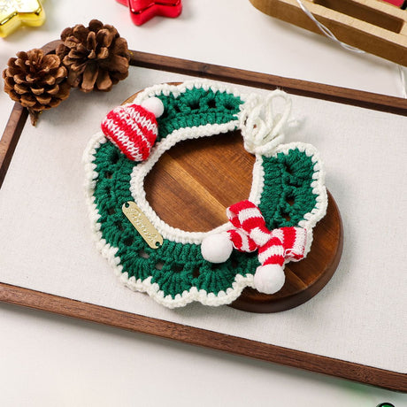 Christmas Pet Collar（Green scarf and hat） Knitted Festive Dog Cat Collar Red Green Adjustable Soft Lightweight Holiday Pet Accessories for Small Dogs and Cats  Party Wear