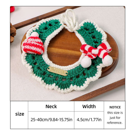 Christmas Pet Collar（Green scarf and hat） Knitted Festive Dog Cat Collar Red Green Adjustable Soft Lightweight Holiday Pet Accessories for Small Dogs and Cats  Party Wear