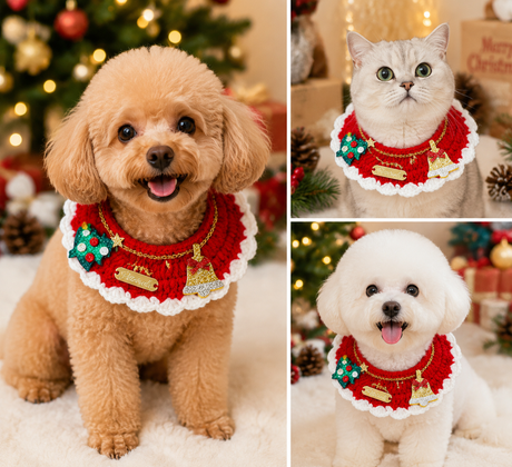 Christmas Pet Collar（Tree bell） Knitted Festive Dog Cat Collar Red Green Adjustable Soft Lightweight Holiday Pet Accessories for Small Dogs and Cats  Party Wear