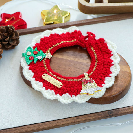 Christmas Pet Collar（Tree bell） Knitted Festive Dog Cat Collar Red Green Adjustable Soft Lightweight Holiday Pet Accessories for Small Dogs and Cats  Party Wear